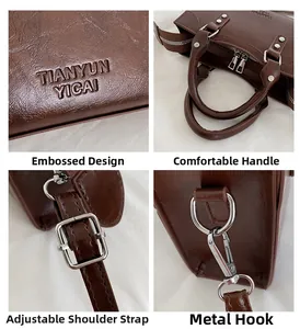 Detail of dark brown retro pillow bag showing logo embossing and adjustable strap