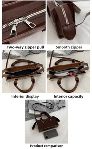Detailed close-up of dark brown vintage crossbody bag with zippers and spacious interior