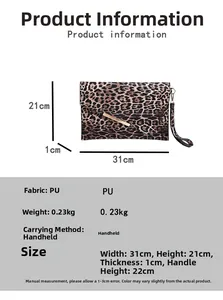 Guide des tailles pour sac léopard en cuir PU avec dimensions et détails de poids