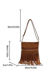 Brown tassel crossbody hobo bag with gold metal studs and minimalist shoulder strap