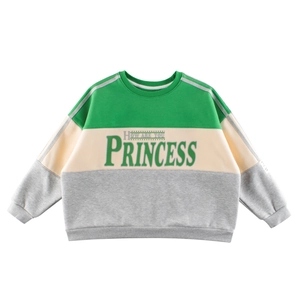 Kids color-block crewneck sweatshirt with green, beige, and gray panels and print