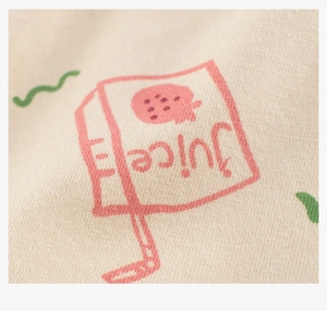 Close-up of girls cotton boxer briefs with cute strawberry juice box print and knit texture