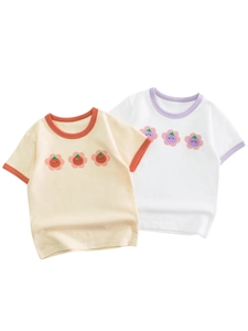 Camiseta de Manga Corta para Niñas 100% Algodón Con Estampado de Flores de Dibujos Animados Cuello Redondo