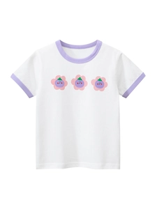 Camiseta blanca de algodón para niña con flores de dibujos animados y bordes morados retro