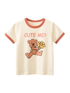 Girls Short Sleeve T-Shirt Cotton Cartoon Bear Print Contrast Round Neck Casual Summer Ringer Top For Toddler Kids