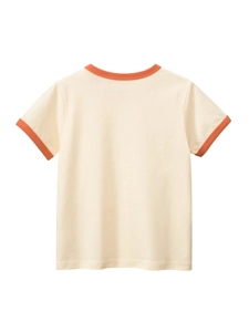 Short sleeve cotton kids T-shirt with orange ringer neck and cartoon bear design