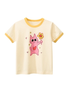 Girls Cartoon Cat 100% Cotton Short Sleeve T-Shirt Contrast Trim Crew Neck Summer Casual Breathable Grade A Soft Top