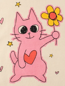 Kids short sleeve t-shirt featuring a cute pink cartoon cat with hearts and stars