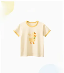 Detail of kids short sleeve t-shirt with cartoon duck print and yellow ribbed collar
