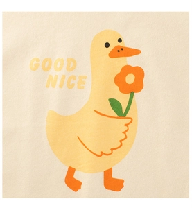 Close-up of cotton T-shirt featuring a cartoon duck and Good Nice text print