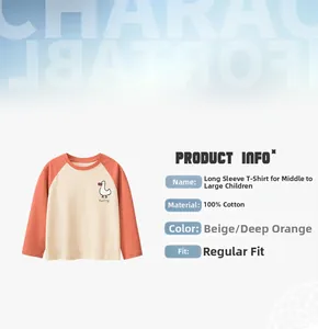 Détail du t-shirt manches longues enfant en 100% coton avec manches raglan orange et canard