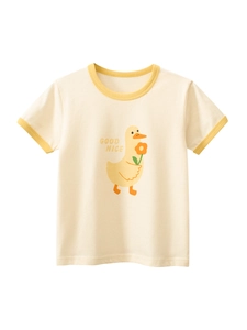 Girls Short Sleeve T-Shirt Pure Cotton Cartoon Duck Print Round Neck Contrast Trim Casual Summer Top