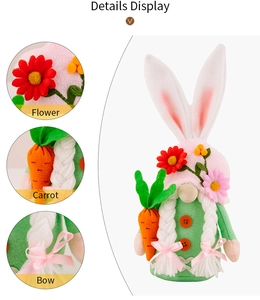Détail du gnome de Pâques avec chapeau à fleurs, tresses blanches et carotte en tissu