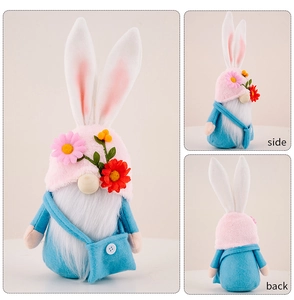 Vues de face, de côté et de dos d'un gnome de Pâques avec oreilles de lapin et chapeau