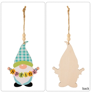 Detail of wooden Easter gnome pendant featuring a blue plaid hat and Spring flower wreath