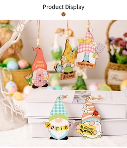 Detailed view of five Easter gnome wooden ornaments with floral and egg patterns