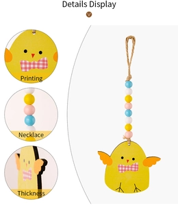Detail display of Easter chick pendant with colorful wooden beads and printing texture