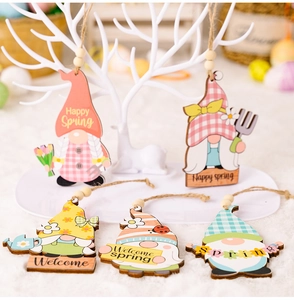 Detail of Easter wooden gnome ornaments with spring floral designs and rustic beads