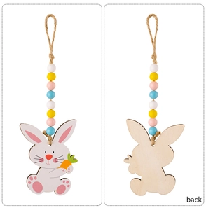 Front and back detail of Easter bunny wood pendant with colorful beads and hemp rope