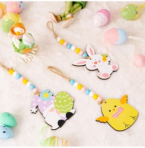 Easter wooden bead pendants featuring cute bunny, chick and gnome on faux fur background