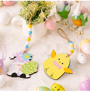 Easter wooden bead pendants featuring cute gnomes and chicks on a soft plush background