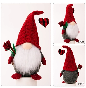 Detailed front side and back view of a Valentine gnome plush with red heart and rose