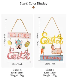 Size chart showing Easter wooden bunny door signs with gnome and egg decorations