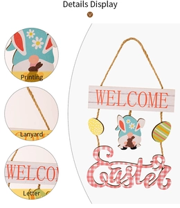 Detail view of Easter gnome wooden plaque with pink plaid pattern and WELCOME sign