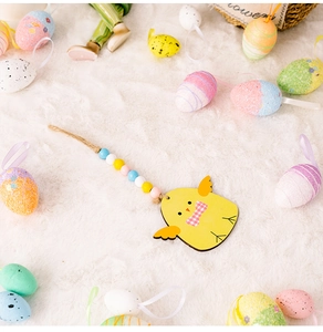 Charming Easter wooden chick pendant with macaron beads and a pink plaid bow decor