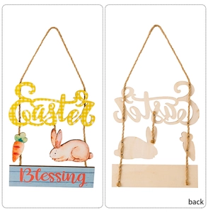 Front and back view of Easter wooden plaque with bunny pattern and jute hanging rope
