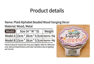 Detail of Easter wooden sign with plaid border and beads weighing 46g-48g on a scale