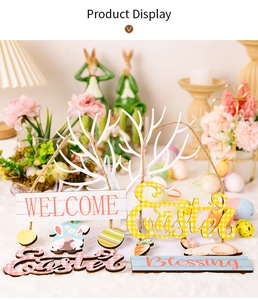Easter wooden ornaments set featuring plaid patterns, gnomes, and festive welcome signs