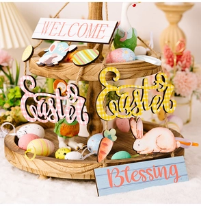 Detail of Easter wooden tiered tray decor set with bunny, carrot and egg ornaments