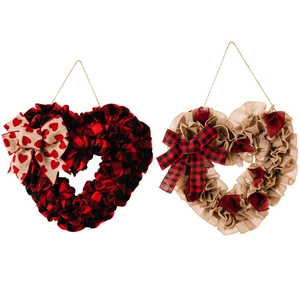 Detail of red buffalo plaid and burlap heart-shaped wreaths for Valentine decorations