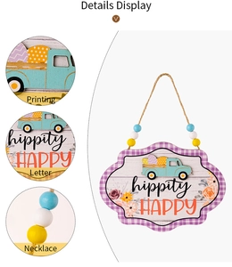 Detail view of Easter wooden plaque with blue truck and colorful bead necklace