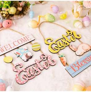 Detail of wooden Easter welcome signs with bunny and eggs on white plush background