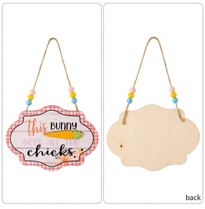 Detail view of double-sided Easter wooden sign with beads and rustic twine hanger