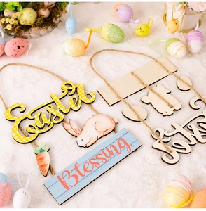 Close-up of Easter Blessing wooden sign with rabbit and egg motifs on plush background