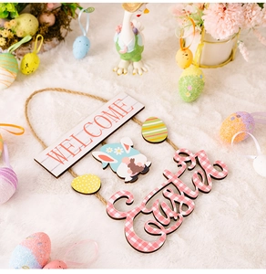 Detail of wooden Easter Welcome sign with gnome and plaid pattern on white plush rug