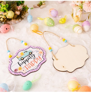 Detail of Easter wooden sign with HAPPY text, buffalo plaid edge, and colorful beads