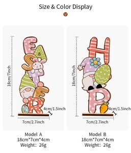 Easter wooden gnome tabletop sign with bunny and egg motifs shown in detailed dimensions