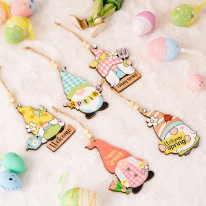 5-piece Easter wooden gnome hanging ornaments with macaron colors and spring flower motifs