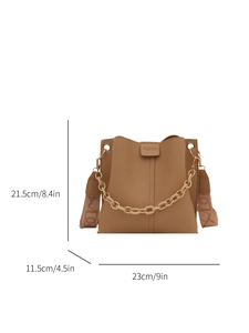 Brown leather bucket bag with chain handle and jacquard strap featuring fashion logo