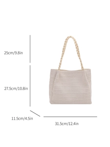 Cream waffle texture tote bag with braided handles and dimensions for daily fashion