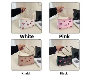 Detailed grid view of cherry print shoulder bags in white, pink, khaki, and black colors