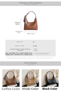 Detailed size chart and multi-color views of the crescent PU shoulder bag with silk scarf