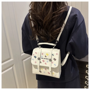 Vue arrière d'un mannequin portant un mini sac à dos blanc imprimé chien et étoiles