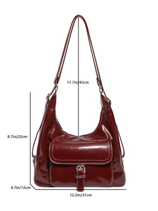 Deep red faux leather shoulder bag with white contrast stitching and dimensions shown