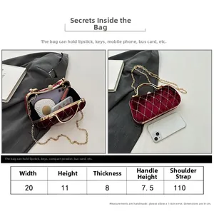 Detailed size chart for velvet evening bag with 20x11x8 cm dimensions and chain strap