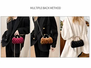 Three velvet quilted evening bags in red, brown, and black with metal chain straps